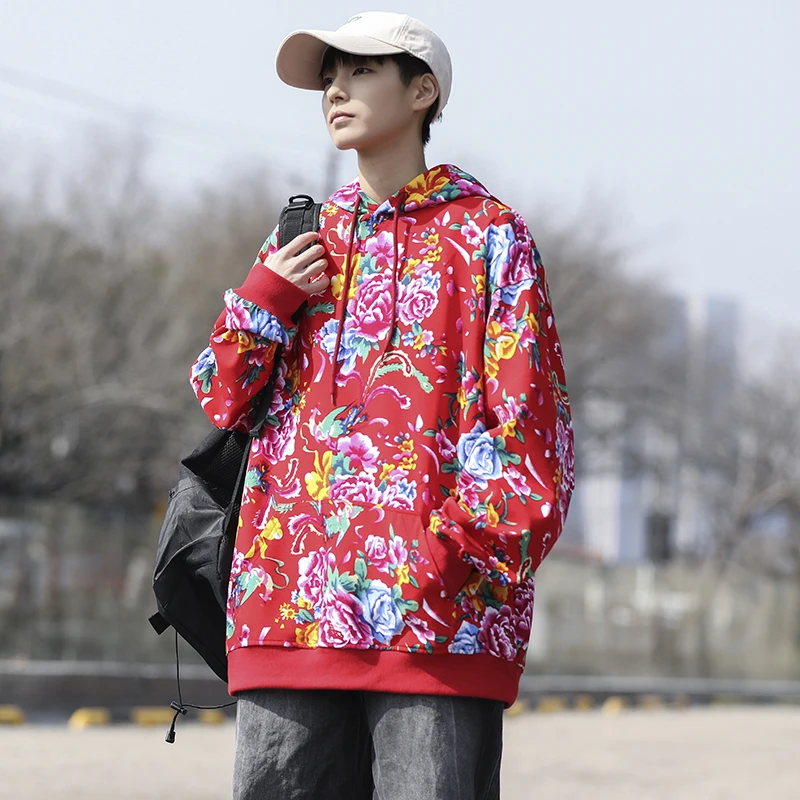 W203秋新款男女团队服大花连帽卫衣外套潮民族特色花卫衣情侣