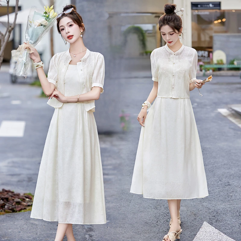 时尚套装2025新款女装复古优雅盘扣显瘦减龄刺绣印花两件套装