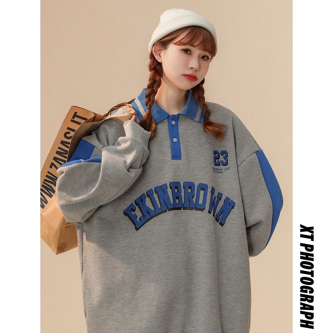 卫衣绒衫中性风POLO领卫衣女情侣大码胖MM套头卫衣女外套女