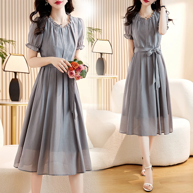 高品质韩版连衣裙收腰洋气裙子女中长裙气质显瘦，中长款连衣裙