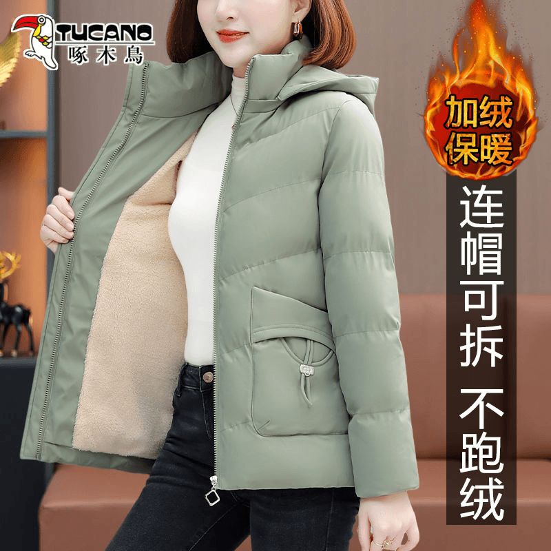 啄木鸟加绒时尚棉服女2023新款冬季中年妈妈加厚防寒冬装棉衣外套