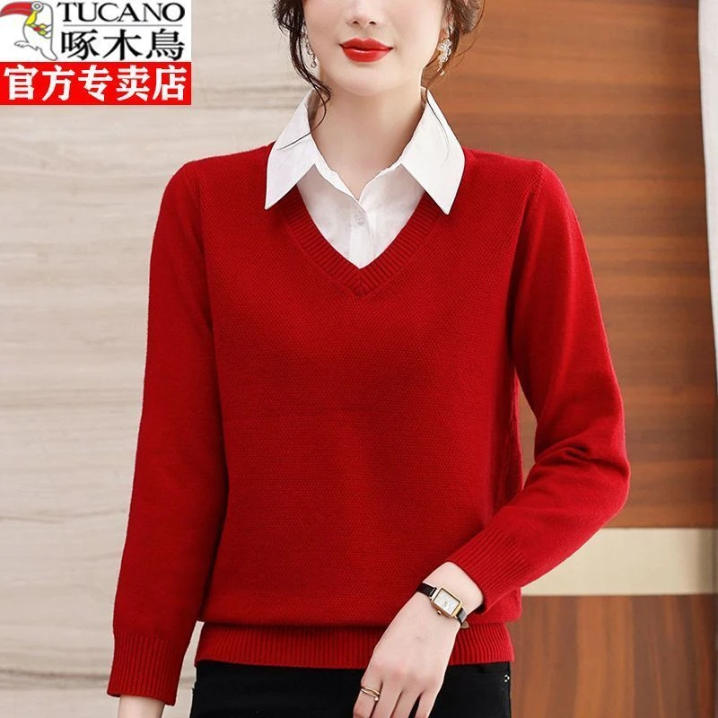 啄木鸟100%正品羊毛衫拼接假两件毛衣女时尚洋气春秋款针织打底衫