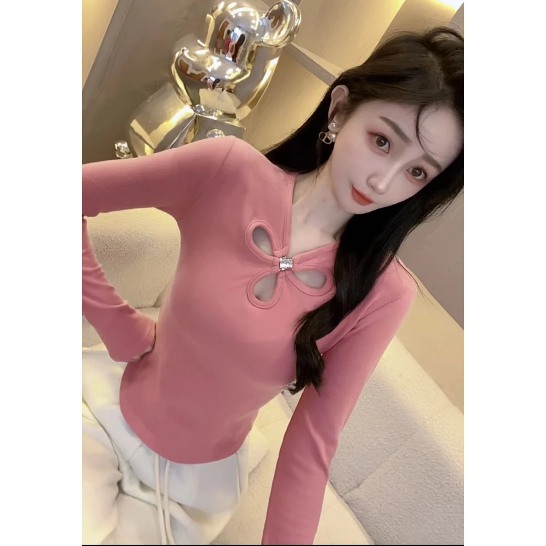 【可馨276不起球两种扣法铝环】加厚德绒T恤女长袖性感修身