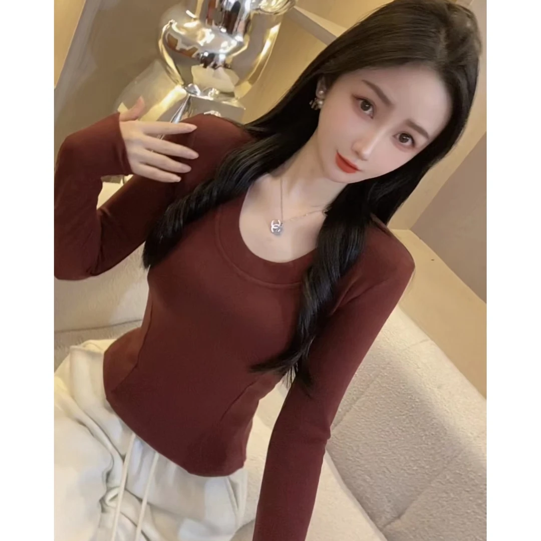 【可馨283加厚磨毛U领】加厚磨毛T恤女长袖性感修身