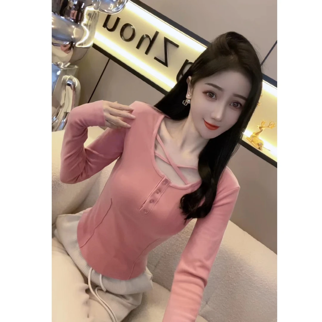 【可馨265不起球交叉挂脖扣子】加厚德绒T恤女长袖性感修身