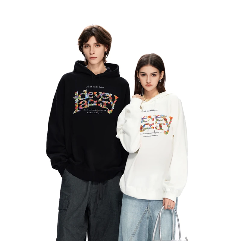 IDeverRAY秋冬男女款连帽卫衣oversize美式高街情侣黑色百搭帽衫