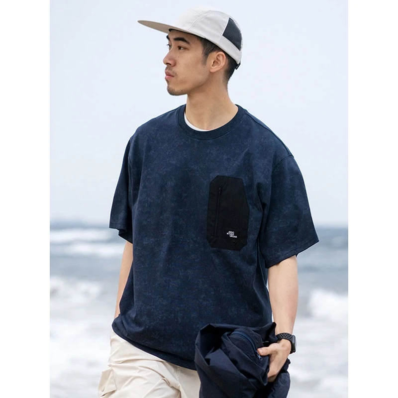 UrbanStandard日系蜡染水洗短袖T恤男夏季新款撞色贴袋上衣260g