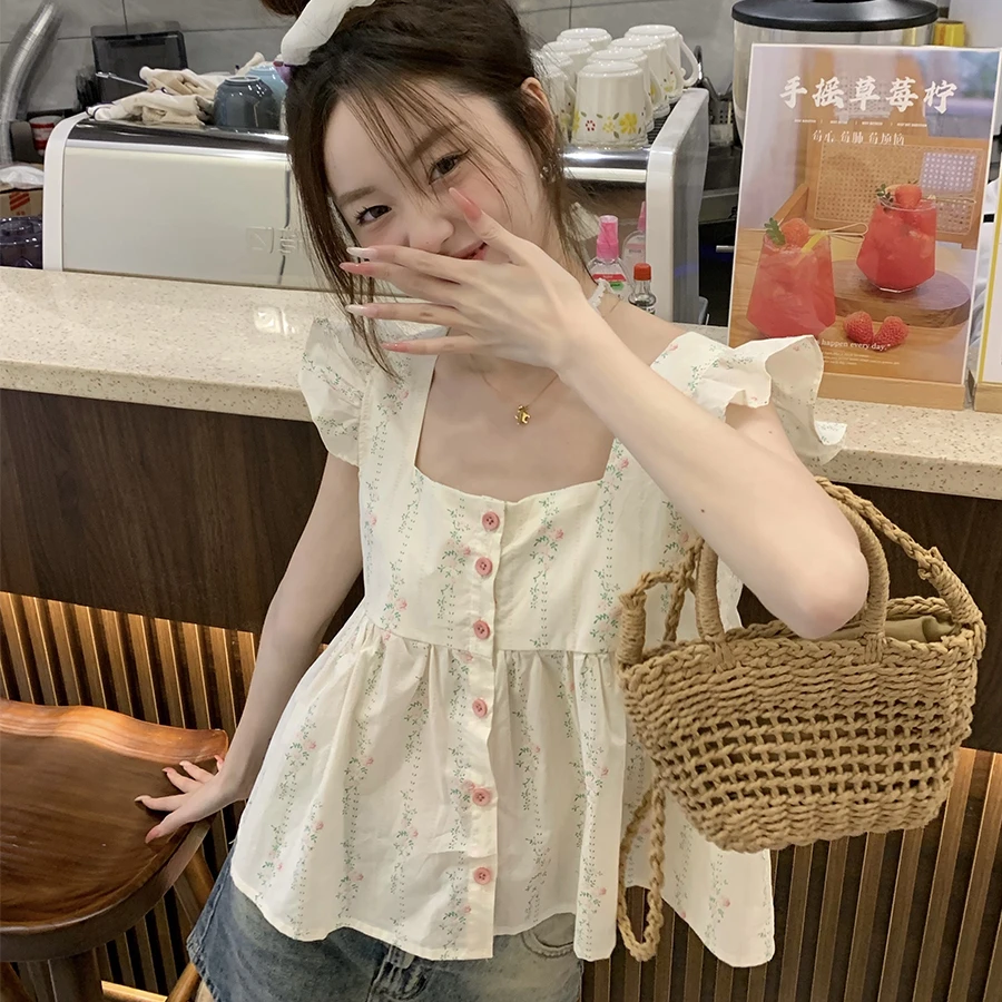 659#小飞袖碎花上衣女夏甜美方领短款无袖衬衣女