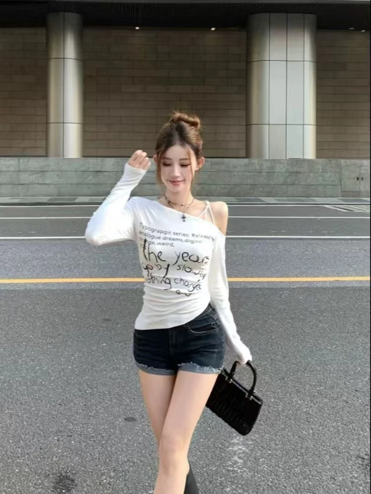 命命定制~美式小众别致辣妹字母印花修身斜肩收腰上衣