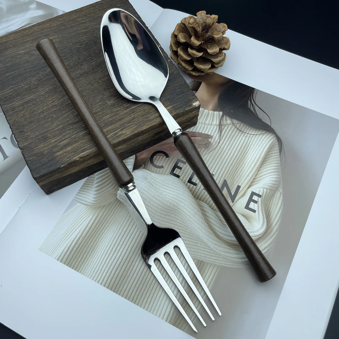 高档家用贵族简约小蛮腰实木长柄304不锈钢镜面抛光餐勺叉创意