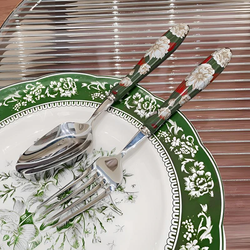 法式复古陶瓷手工贴花手柄304不锈钢中古勺叉餐具