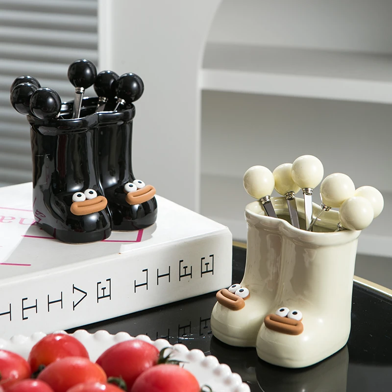 【7件套】不锈钢水果叉陶瓷小靴子收纳罐轻奢创意高颜值水果叉罐