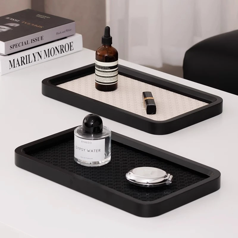 高端相思木框皮质编制香薰餐具桌面收纳玄关钥匙首饰托盘摆件