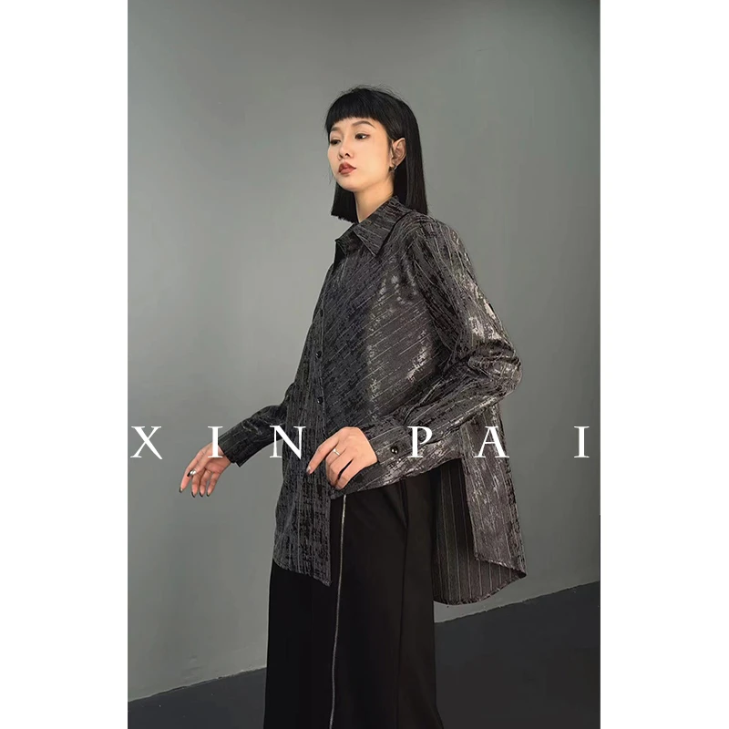 鑫鑫原创2024秋季新款不规则条纹POLO领设计时尚百搭减龄衬衫1785