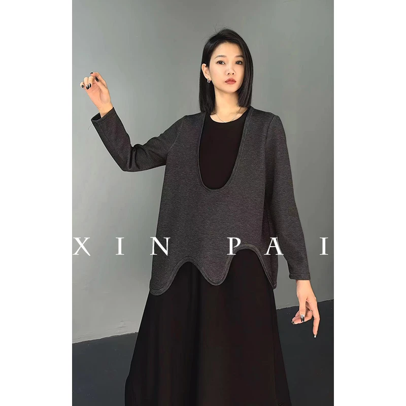 鑫鑫原创2024秋季新款不规则假两件拼接设计休闲百搭时尚T恤6969