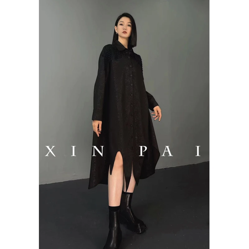 鑫鑫原创2024秋季新款不规则假两件玫瑰压花时尚中长款连衣裙2422