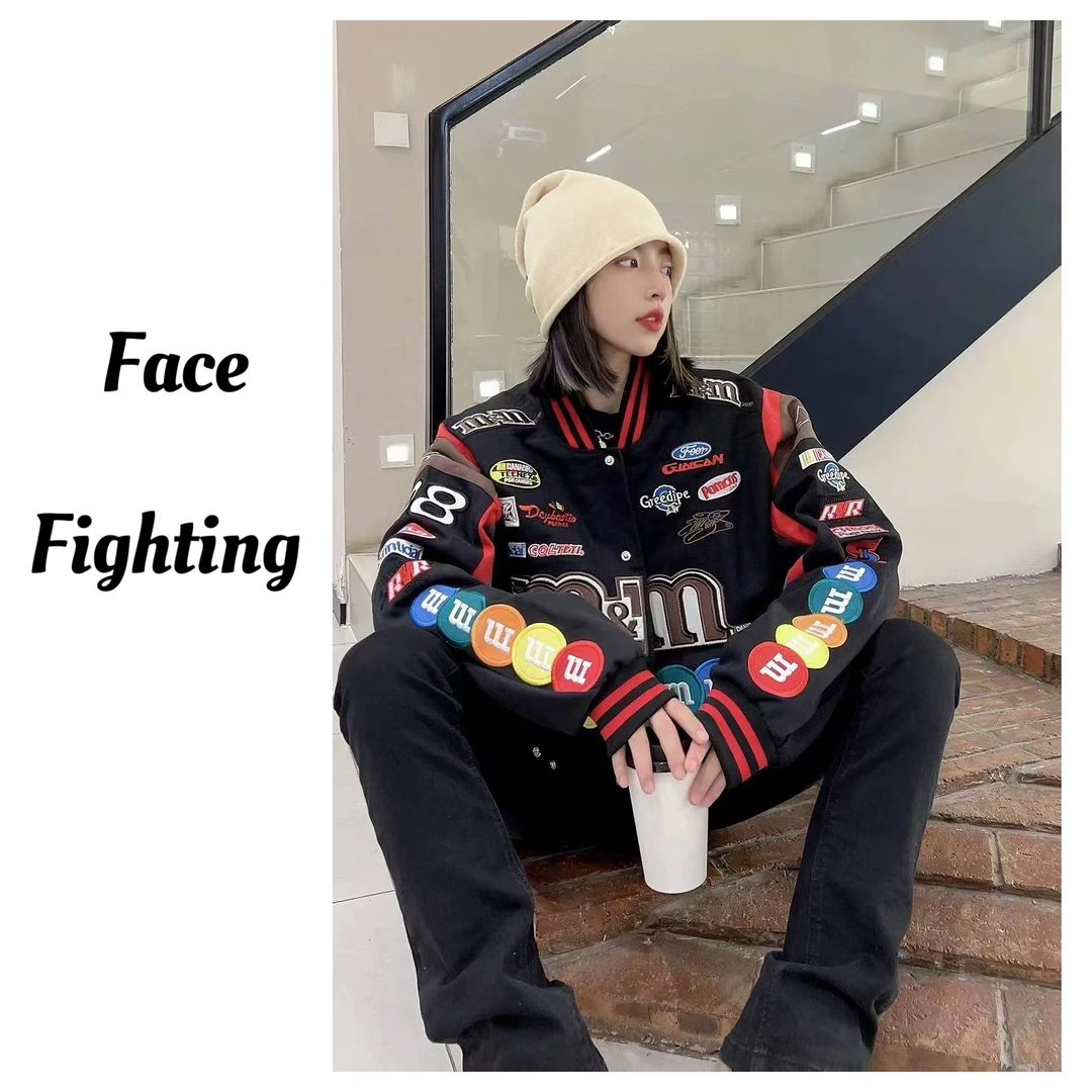 M豆2025款潮牌加棉加厚秋冬季新款重工刺绣宽松夹克外套休闲