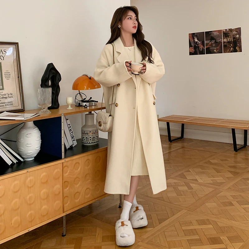 米色双面呢大衣女2024新款韩系中长款高级感秋冬毛呢外套女过膝