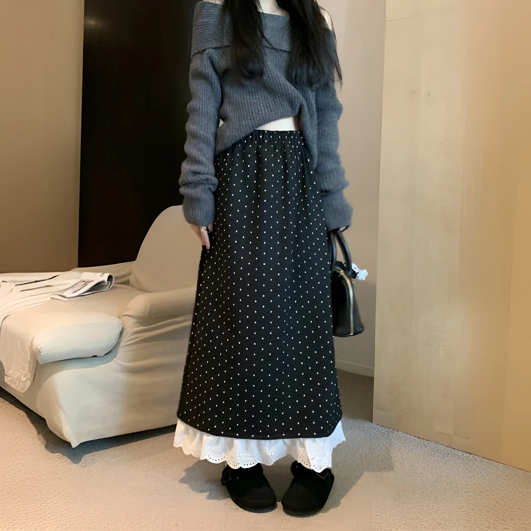 蕾丝花边加绒加厚波点显瘦半身裙2024冬季新款A字高腰长裙裙子