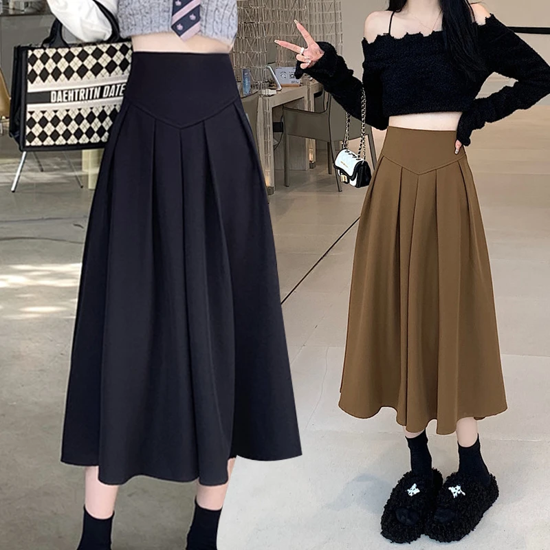 毛呢百褶裙中长款半身裙女秋冬季2024新款A字裙高腰显瘦伞裙裙子