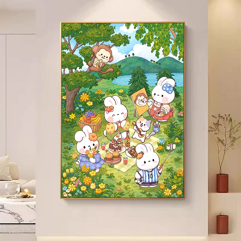 春游野餐兔2024新款十字绣大格61颜色手工绣65*90cm(裸包无针)