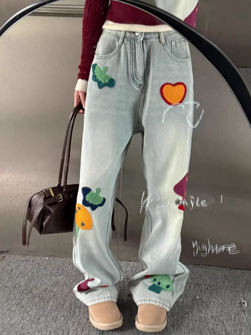 【济州岛】美式休闲甜酷蘑菇牙刷绣 加绒牛仔裤