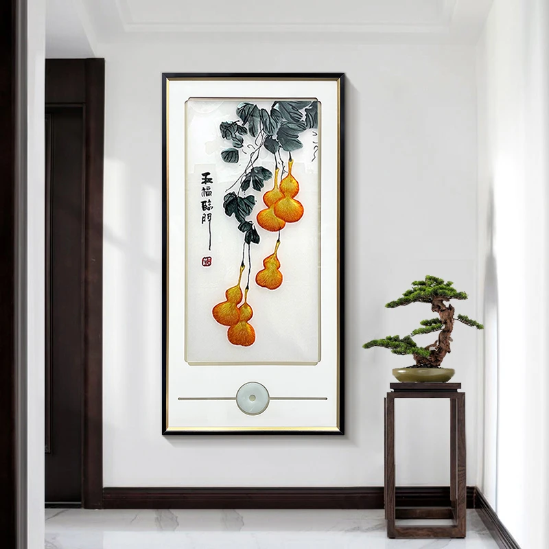 刺绣挂画新中式入户玄关装饰五福临门头客厅高档画葫芦80160