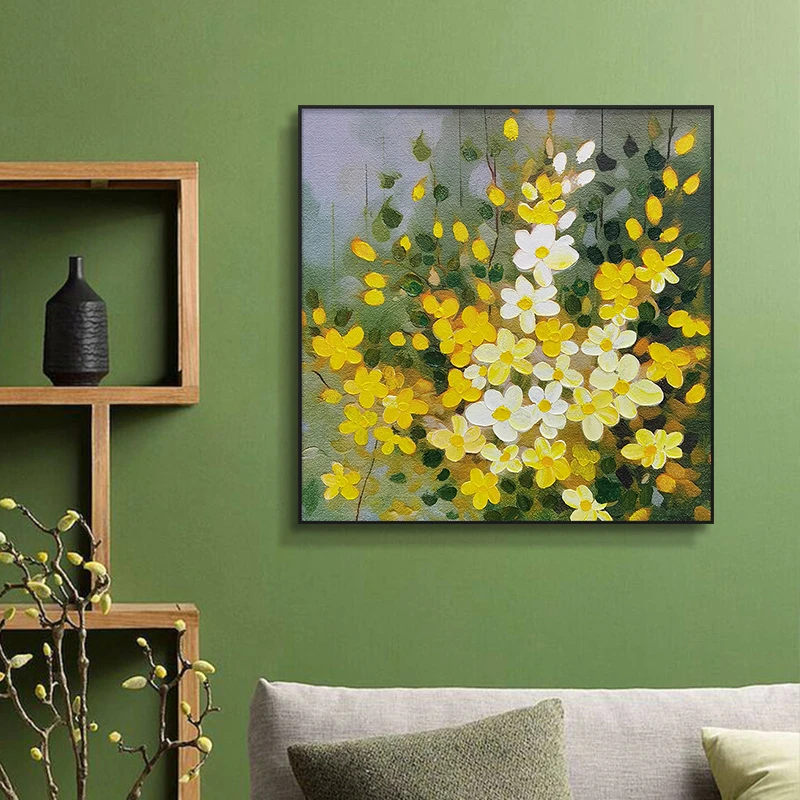 肌理画客厅手工油画餐厅绿色花丛装饰画横版挂画小雏菊花6060