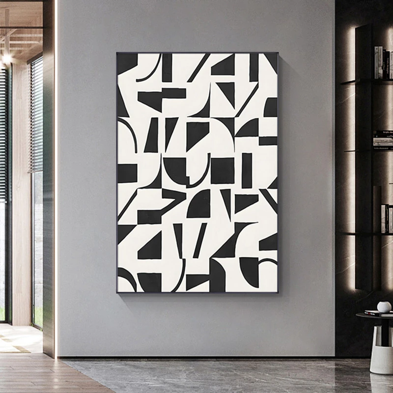 简约客厅几何装饰画轻奢风沙发背景墙抽象落地黑白格子80120