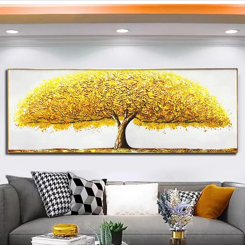 现代手工油画发财树挂画 装饰画铝合金边框立体壁画黄金树70200
