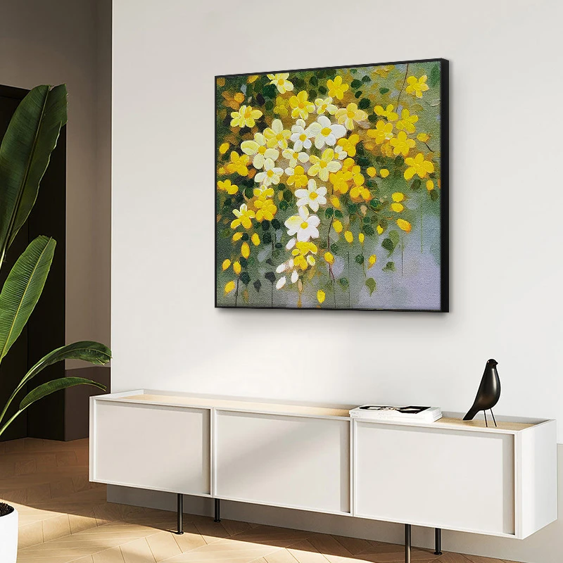 理画客厅铝合金手工油画餐厅绿色花丛装饰画横版挂画菊花6060