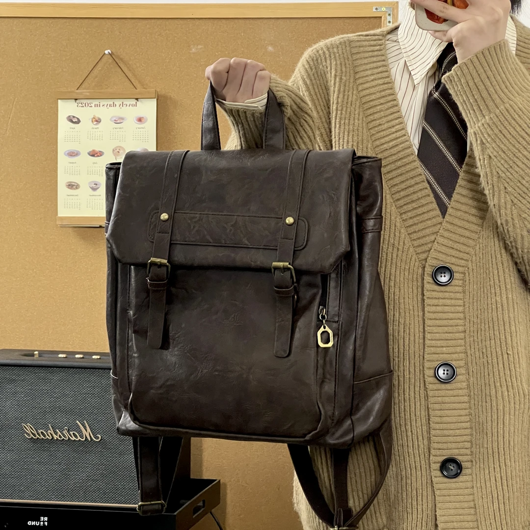 复古双肩背包书包女生大容量大学生日系软皮学院风百搭B10咖