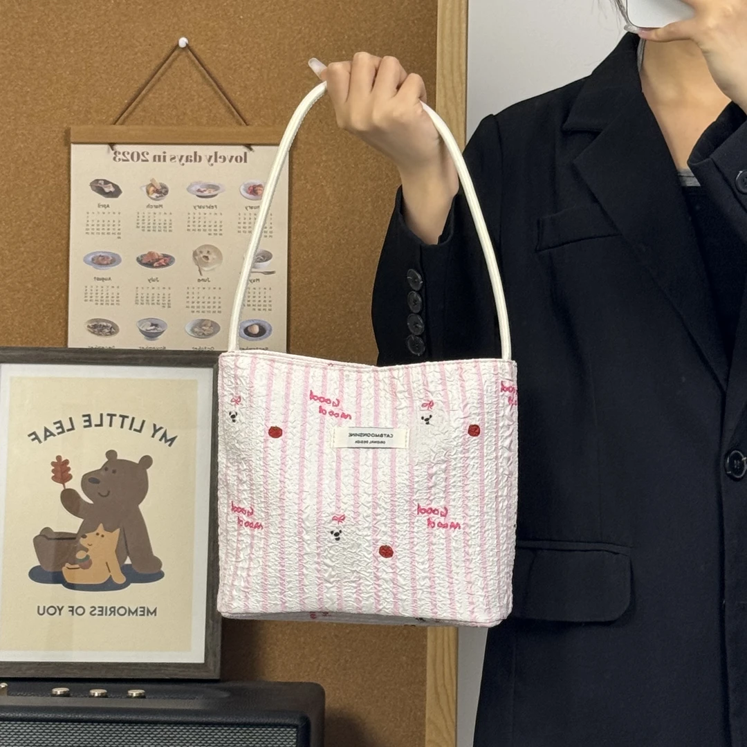 一张同学时尚简约ins手提单肩包M68白粉条纹