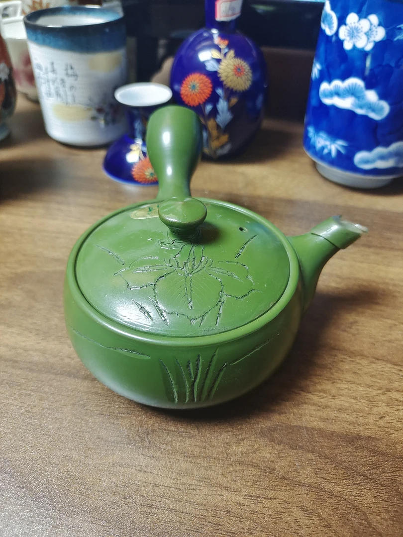 万古烧利久款绿色兰花侧把壶01/02网型过滤口