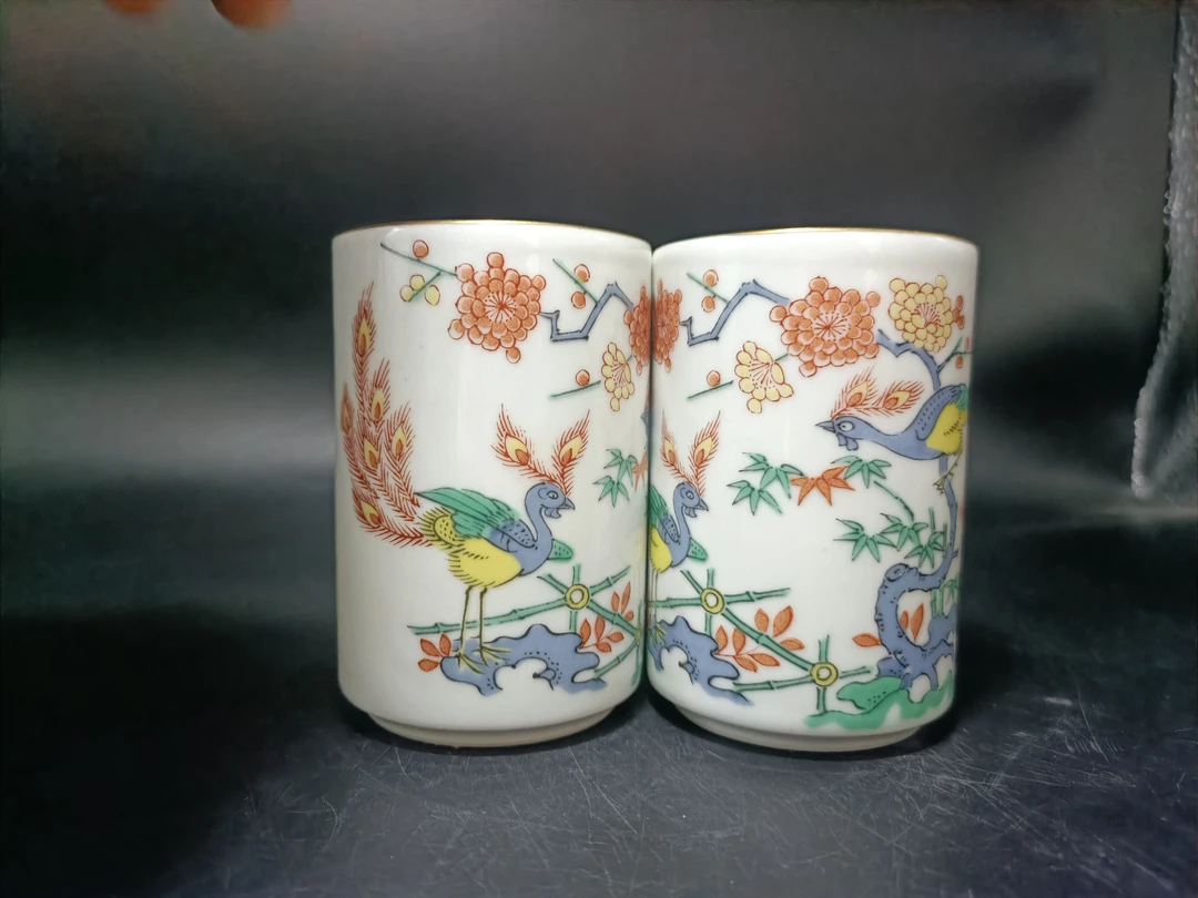 西峰作手绘花鸟杯一对01/31wj稍有点釉点手工
