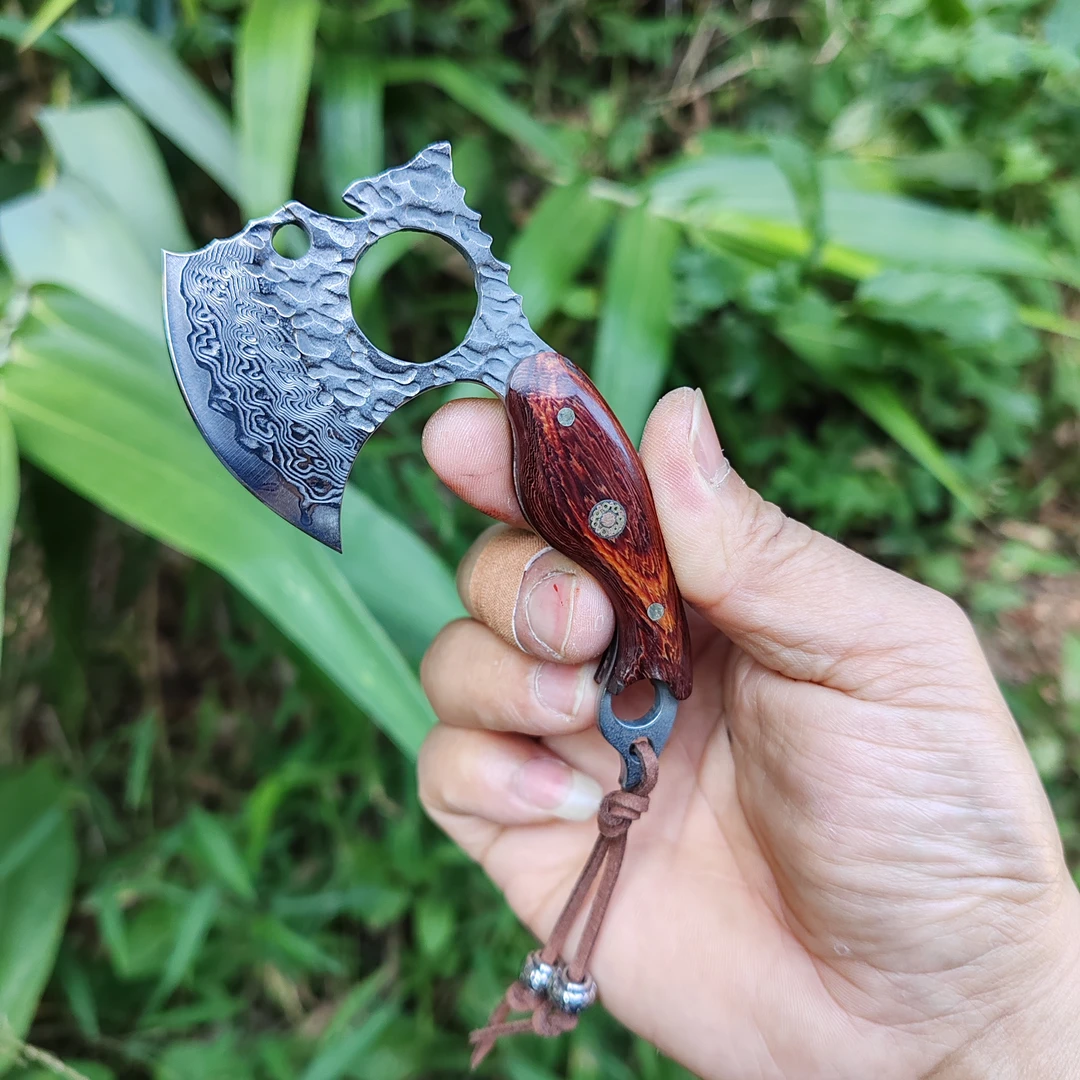 茶台小摆件手作木艺大马士革钢高硬度饰品便携小巧斧子高档