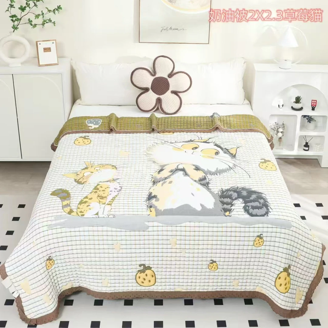 【奶油草莓猫】200*230CM成人泡芙被亲肤纱布睡毯四季通用加厚盖被