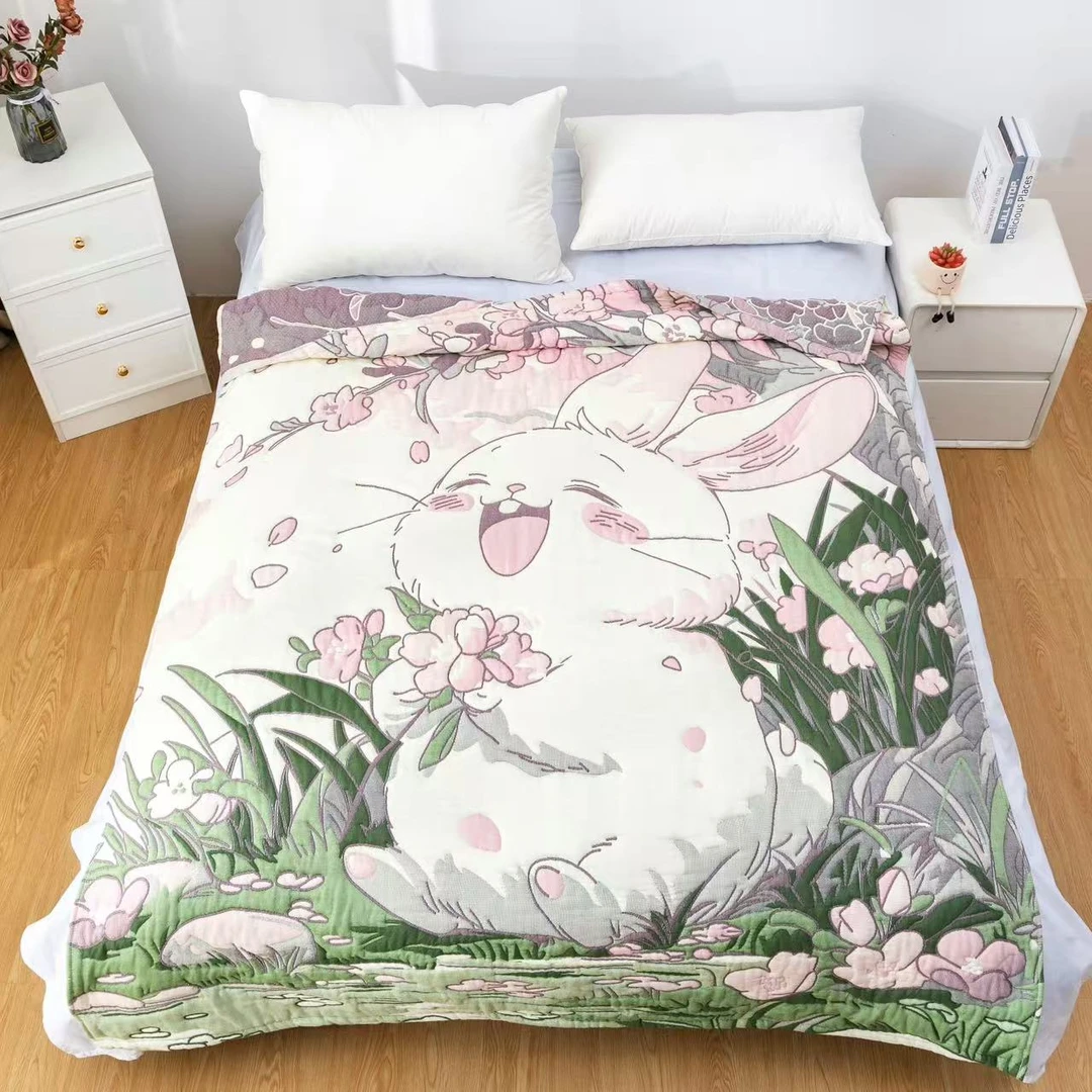 【樱花树下兔】200*230柔软舒适泡芙被亲肤棉纱四季通用盖被