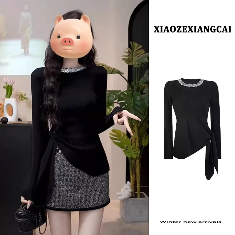小香风黑色亮片不规则毛衣女秋冬季修身内搭可外穿开叉针织衫上衣