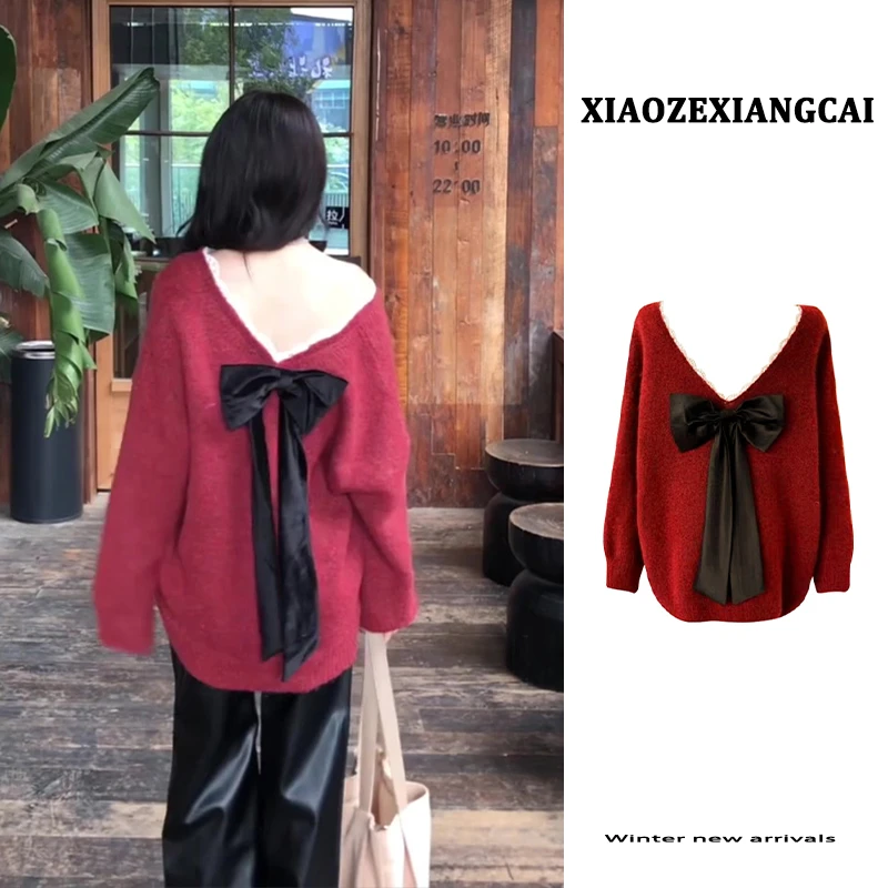 圣诞节穿搭红色V领露背蝴蝶结毛衣女秋冬季宽松慵懒风针织衫上衣