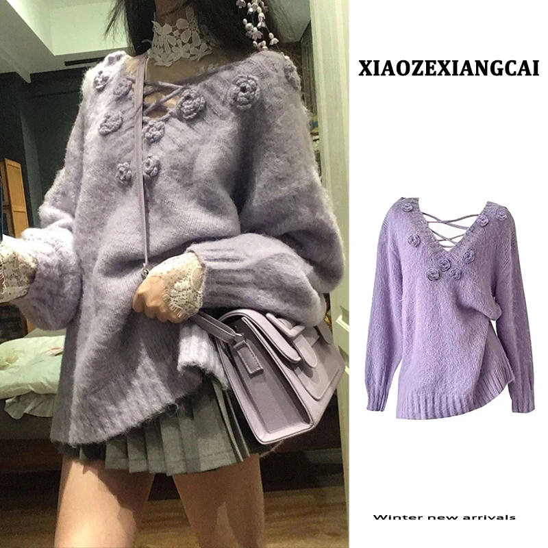 紫色V领立体花朵毛衣女秋冬加厚慵懒风高级感针织衫上衣+蕾丝内搭