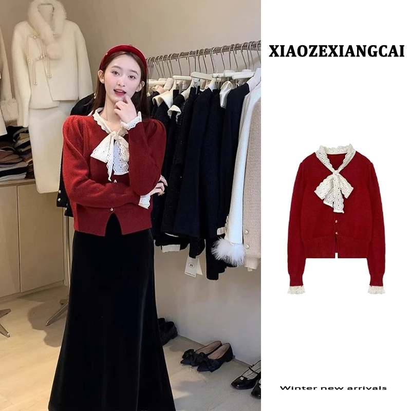 圣诞节穿搭蝴蝶结蕾丝系带红色毛衣女秋冬小个子短款针织开衫上衣