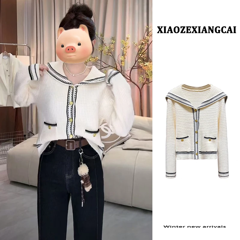 法式小香风撞色条纹海军领毛衣女款2024新款秋冬季修身针织衫上衣