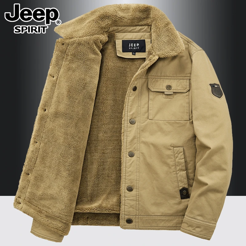 JEEP吉普男装冬季短款棉衣男翻领羊羔绒加绒加厚棉服中年棉袄外套