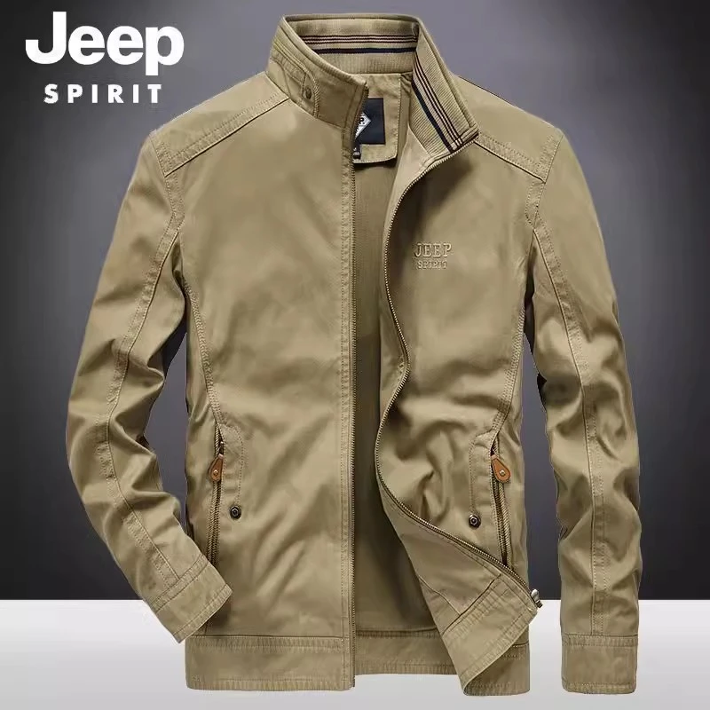 JEEP吉普春秋季纯棉夹克男士宽松大码立领休闲上衣工装外套正品