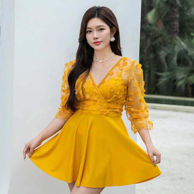 设计师新款显瘦遮肚微胖长袖度假游泳温泉女士连体时尚ins