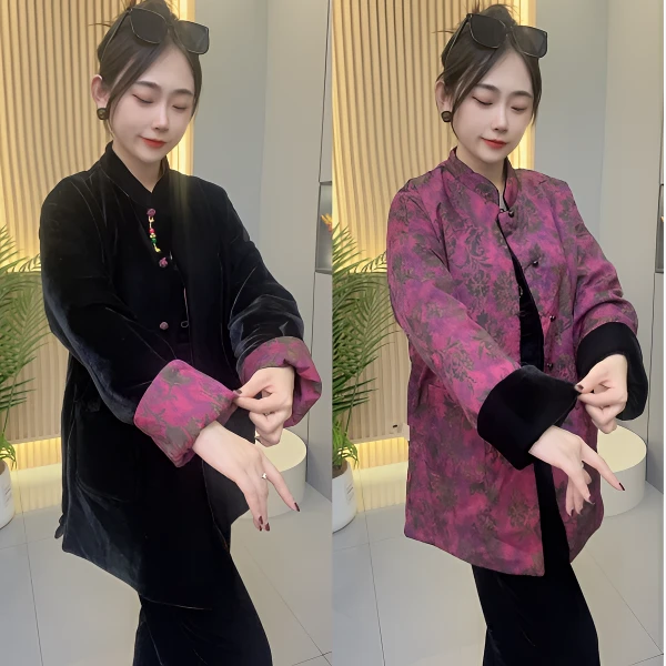 洋➕093新中式时尚撞色国风盘扣提花加厚两面穿外套女冬季ins