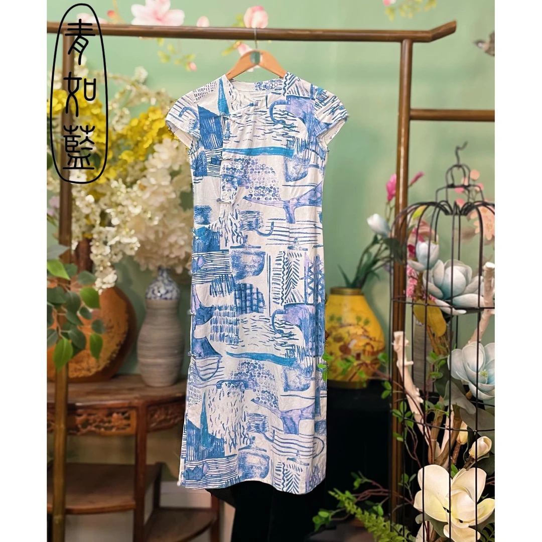【青如蓝原创设计】复古中式设计感印花连衣裙夏季时尚修身女装