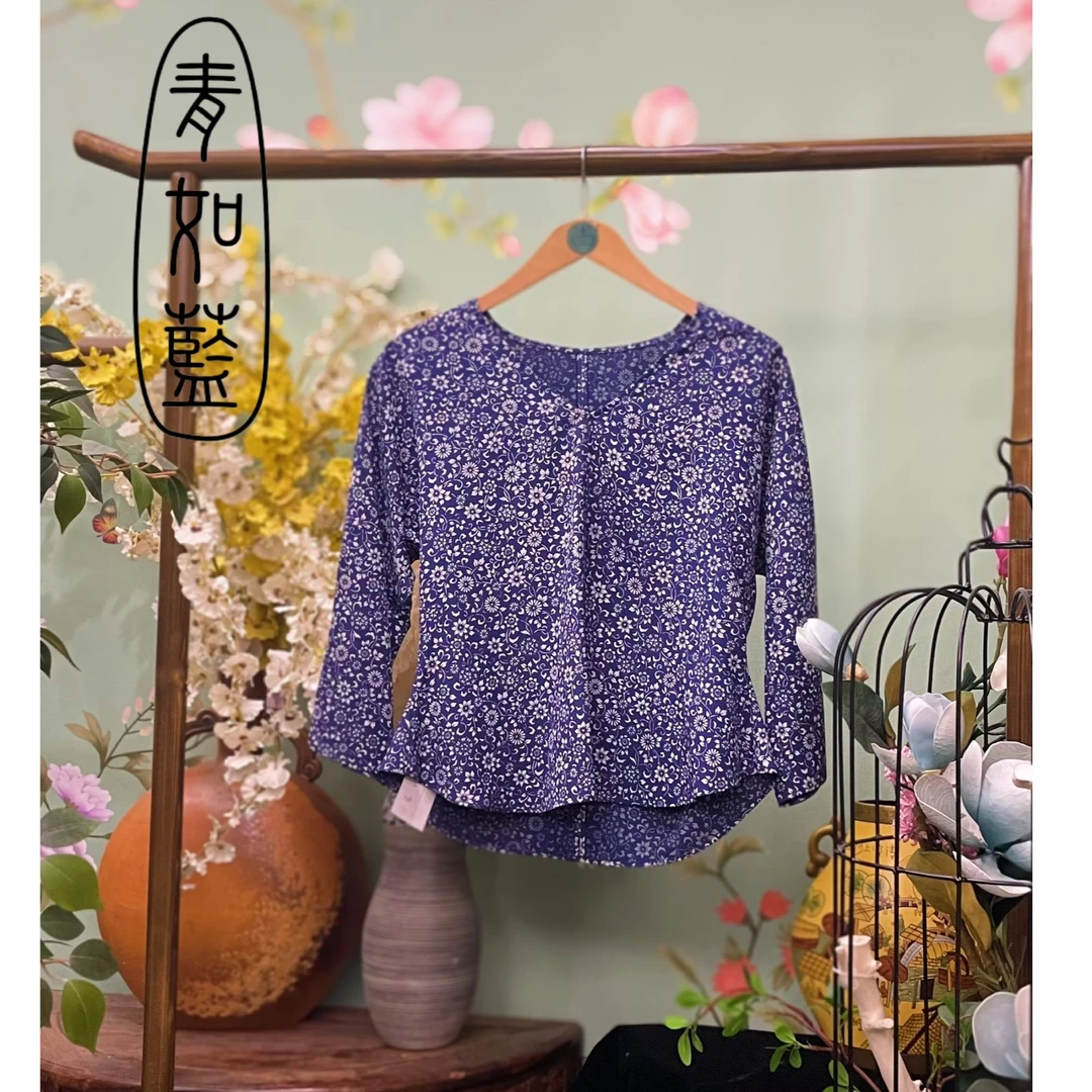 【青如蓝原创设计】复古气质夏季打底碎花小衫时尚女装七分袖T恤