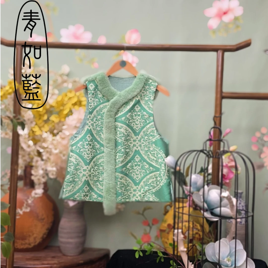 【青如蓝原创设计】中式复古马甲女秋冬无袖外搭绿色气质百搭背心